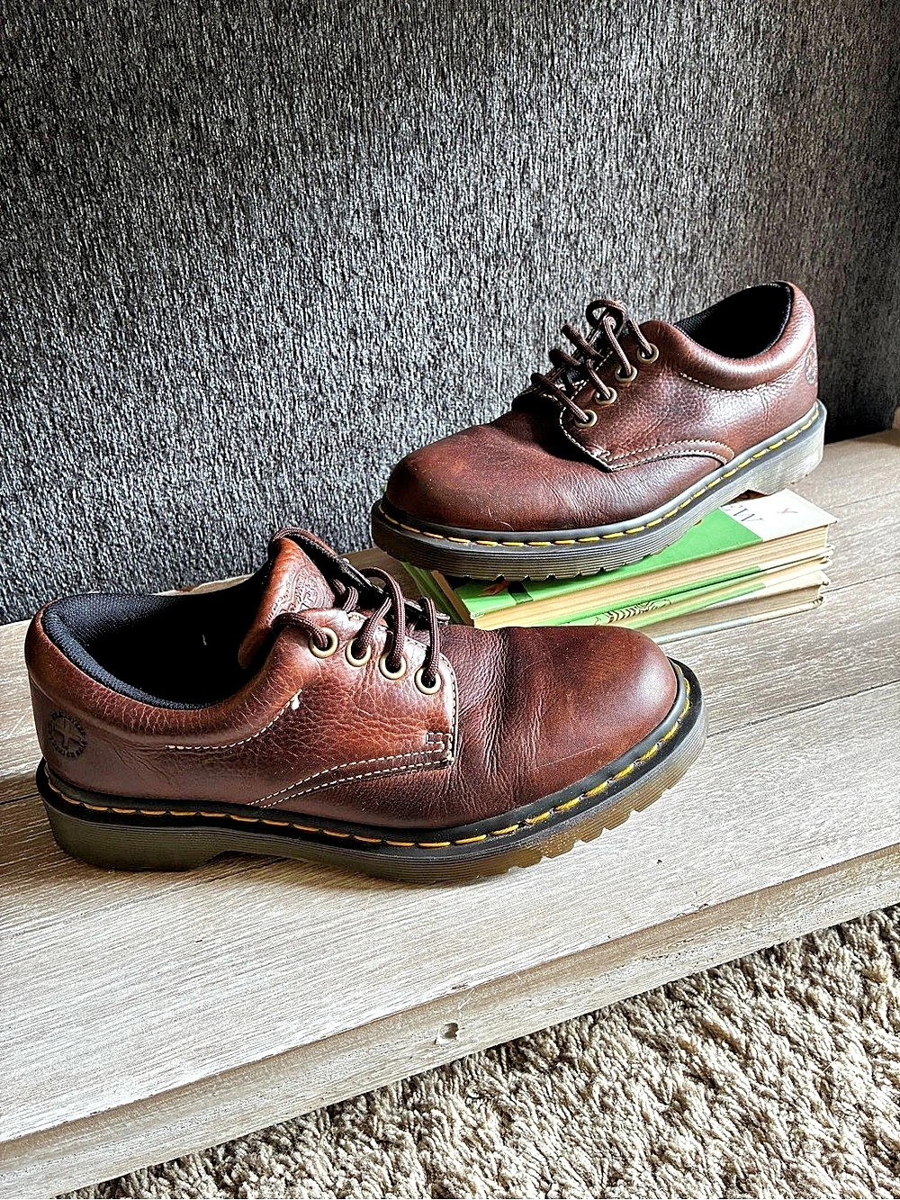 Dr. Martens Boston Brown Leather Lace Up Oxford Shoes With Yellow Welt Stitching